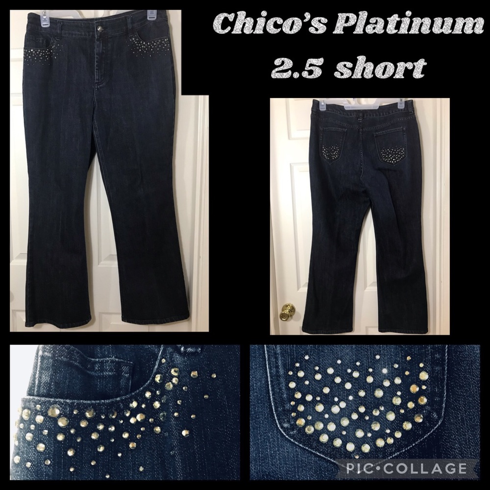 🌺 Chico's Dark Blue Boot Cut Jeans with Silver Accents size 14P
